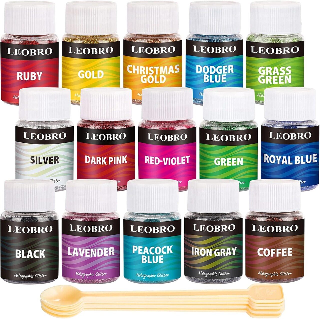 Holographic Fine Glitter, 15 Colors Fine Glitter for Crafts, Resin, Jewelry Art Crafts Making, Nail Body, with 10 PCS Stir Spoons